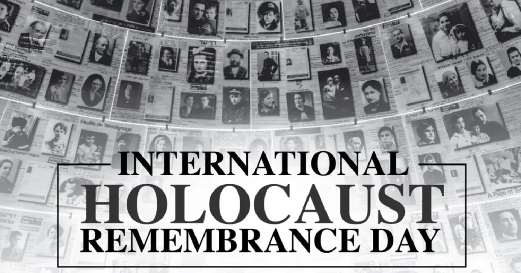 This is a comemorative image showing pictures of people who were killed in the holocaust. It also contains the words International Holocaust Remembrance Day.