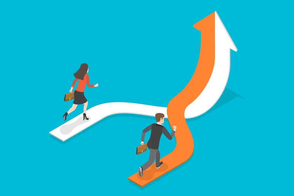 This image shows two business people running on arrows that converge and represents strategic alliances
