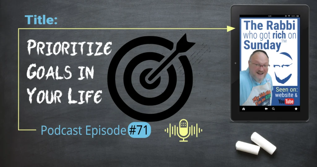 This is the featured image for podcast episode #71; "Prioritize Goals in Your Life." The title is written on a chalkboard that has two overlayed images. One is the image that represents the podcast and there's is also a bullseye iconthat represents hitting your target or goal.