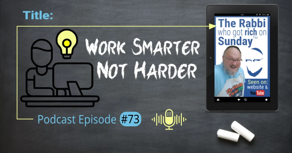 This is the featured image for podcast episode #73; "Work Smarter, Not Harder." The title is written on a chalkboard that has two overlayed images. One is the image that represents the podcast and there's is also an icon that represents someone working ata computer with a lit lightbulb to represent "smarter".