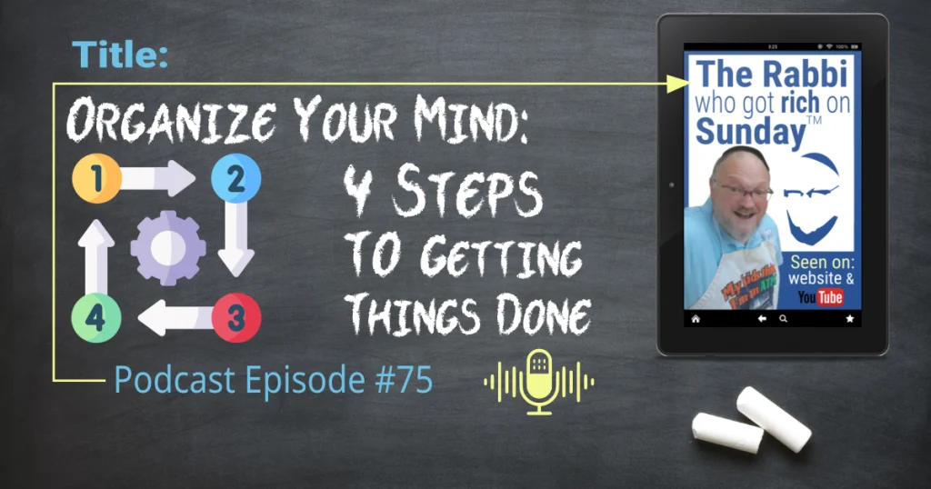 This is the featured image for podcast episode #75; "Organize your mind: 4 Steps To Getting Things Done." The title is written on a chalkboard that has two overlayed images. One is the image that represents the podcast and there's is also an icon that represents "4 steps."