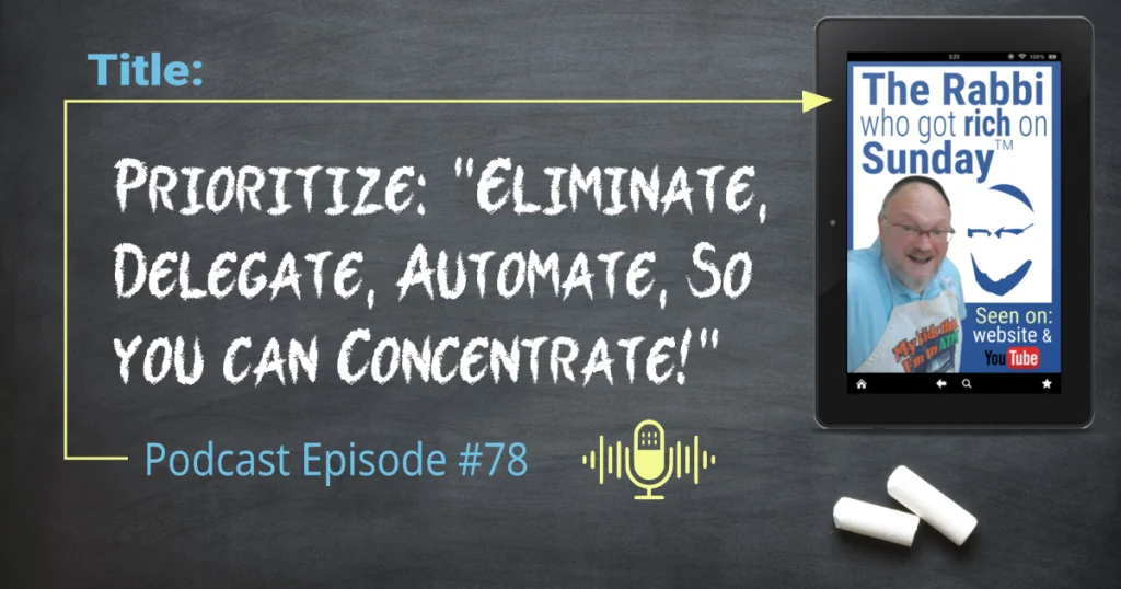 This is the featured image for podcast episode #78; "Prioritize: Eliminate, Delegate, Automate, so you can Concentrate!" The title is written on a chalkboard that has two overlayed images. One is the image that represents the podcast and there's is also an icon of a multi choice question, containing the options Now and Later