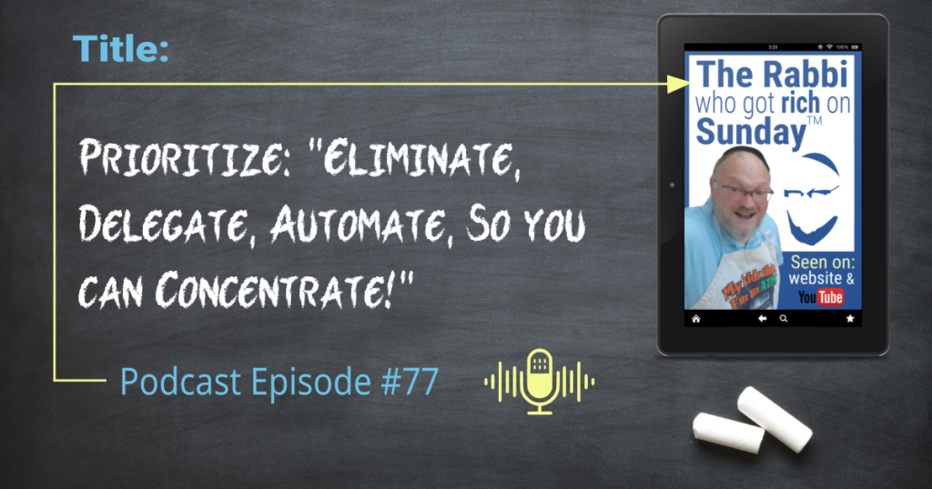 Podcast episode #77 is about PEDA, which is an acronym for Prioritize; Eliminate, Delegate, Automate so you can Concentrate!