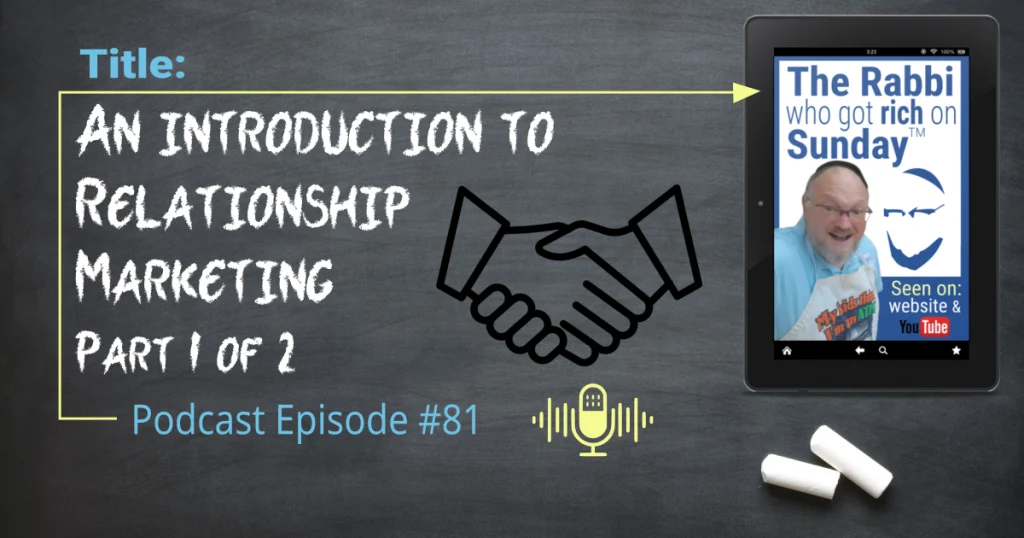 This is the featured image for "An Introduction to Relationship Marketing," which is podcast episode #81. The image contains a chalkboard with the title written on it and an icon for two people shaking hands, which represents a relationship.